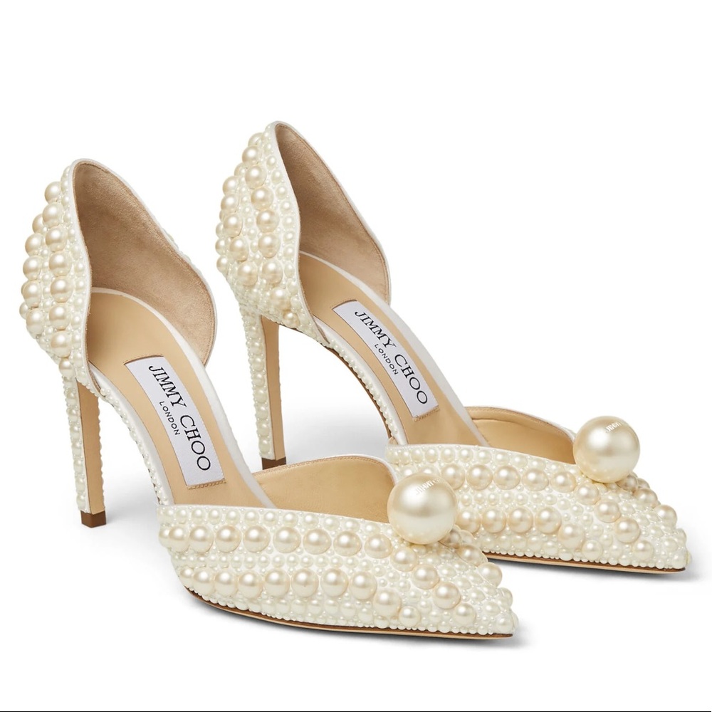 Jimmy Choo, Sabin 85-White Satin Pumps w/ All-Over Pearl Embellishment. Size 39